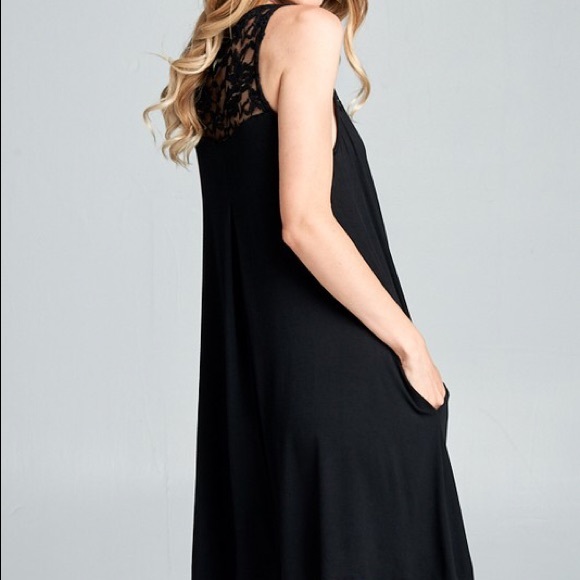 Black Lace Sleeveless Jersey Pocket Tunic Dress - Picture 2 of 2
